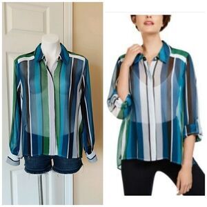 INC sheer striped button up blouse sz M